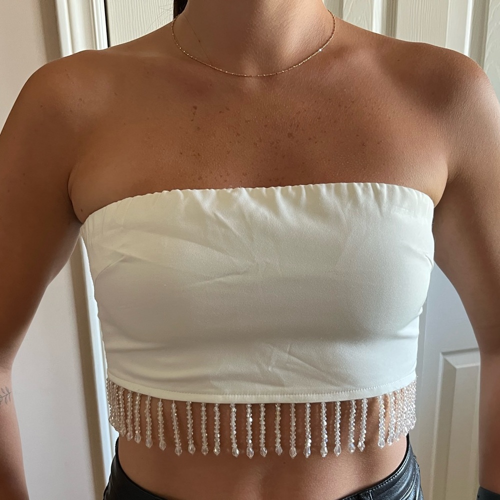 Chic White Beaded Strapless Crop Top